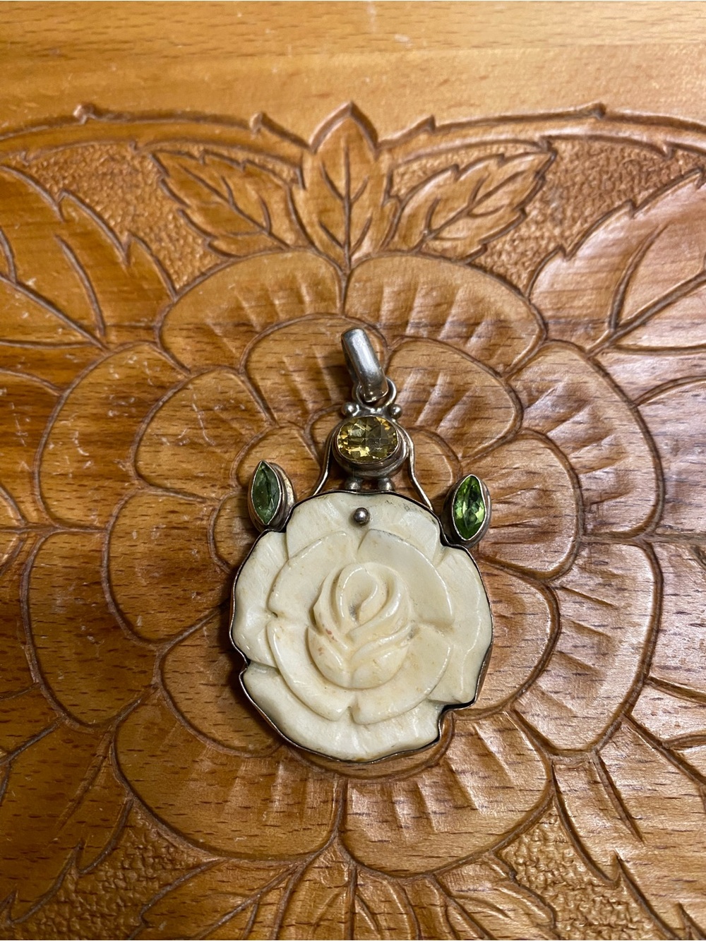 Sterling Carved Rose Pendant with peridot & citrine Stones